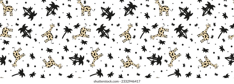 Hand drawn Children's Wallpaper with Giraffe and Palm tree isolated on light background. Design for child bed linen printing. Print for t-shirt. Vector illustration. African animal endless ornament.