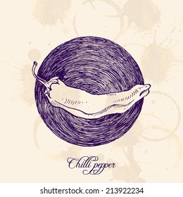 hand drawn chili pepper at grunge background,ink drawing  vector illustration