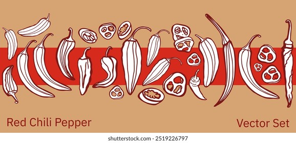Hand drawn chili pepper, line art vector isolated set. Chili pepper outline. Red, green, yellow pepper on the white background. Jalapeno.