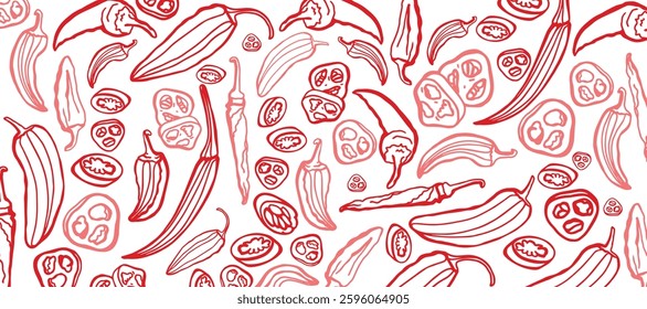 Hand drawn chili pepper, line art vector isolated set. Chili pepper outline. Red on the white background. Jalapeno. Red Bulgarian sweet and bitter pepper. Red pepper. 