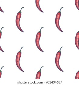 Hand Drawn Chili Pepper Seamless Pattern Background. Vector illustration