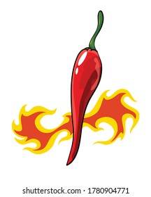 Hand drawn chili pepper. Super hot red chilli pepper in fire. Chili pepper in flame on white background. Natural healthy food. Spicy ingredient