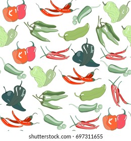 Hand drawn chili peppers. Colored graphic vector seamless pattern