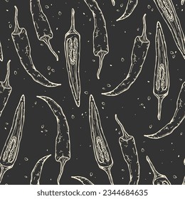 Hand drawn chili peppers on vintage background. Vector seamless pattern. 