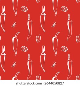 Hand drawn chili peppers and slices seamless pattern with white lines on red background for food packaging and surface design