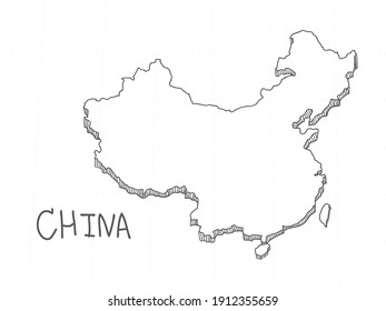 Hand Drawn Of China 3D Map On White Background.