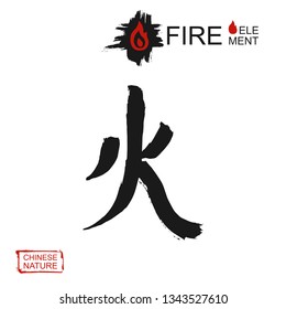 Hand drawn China hieroglyph translate fire. Vector japanese black symbol on white background. Ink brush calligraphy with stamp (in japan-hanko). Chinese calligraphic nature element wood letter icon 