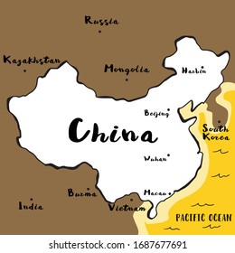 Dibujo manual del mapa de China en segundo plano, Mapa dibujado a mano , Ilustración vectorial