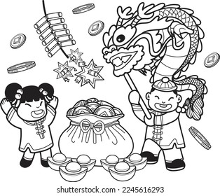 Hand Drawn Chinese boy dancing dragon with money bag and girl illustration isolated on background
