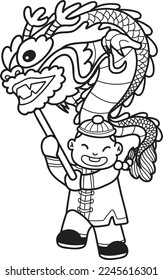 Hand Drawn Chinese boy dancing dragon illustration isolated on background