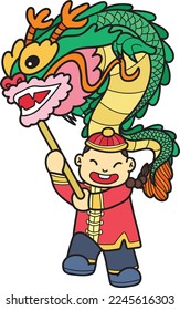 Hand Drawn Chinese boy dancing dragon illustration isolated on background