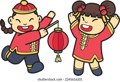 Hand Drawn Chinese boy with lantern and Chinese girl illustration isolated on background