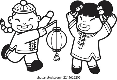 Niño chino con dibujos de mano con linterna y ilustración de chica china aislado en el fondo