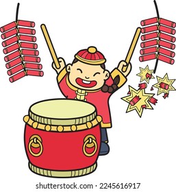 Hand Drawn Chinese boy playing drums illustration isolated on background