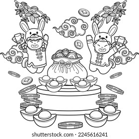 Hand Drawn Chinese child wearing rabbit hat and money bag illustration isolated on background