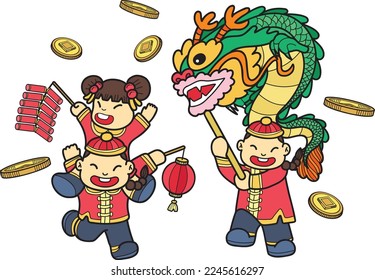 Hand Drawn Chinese children dance dragons and have fun illustration isolated on background