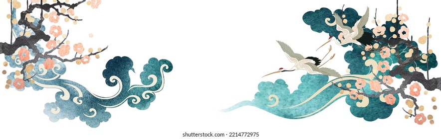 Hand drawn chinese cloud element with Japanese pattern vector. Oriental branch of flower decoration with flyer, banner or presentation in vintage style. Crane birds,  with Watercolor texture painting