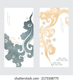 Hand drawn Chinese cloud with and geometric pattern vector. Oriental decoration with logo design, flyer, banner or presentation in vintage style. Blue and brown watercolor texture