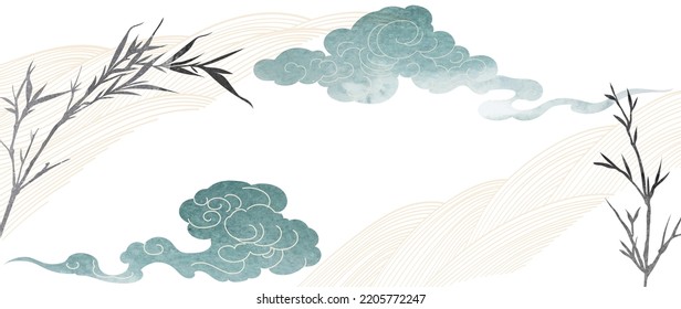 Handgezeichnete chinesische Wolke mit japanischem Muster, Vektorgrafik. Orientalische Bambusverzierung mit Logo-Design, Flyer, Banner oder Präsentation im Vintage-Stil. Aquarellstruktur mit geometrischen Symbolen