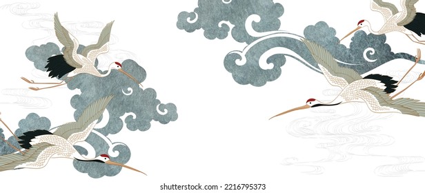 Hand drawn chinese cloud with Japanese pattern vector. Oriental decoration with Crane birds element. Flyer, banner or presentation in vintage style. Watercolor texture with geometric icons
