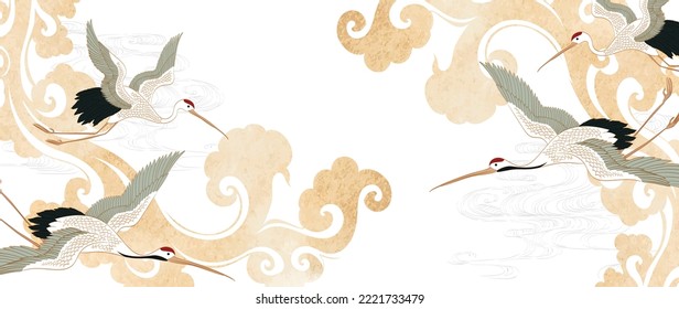 Hand drawn chinese cloud with Japanese pattern vector. Oriental decoration with Crane birds element. Flyer, banner or presentation in vintage style. Watercolor texture with geometric icons