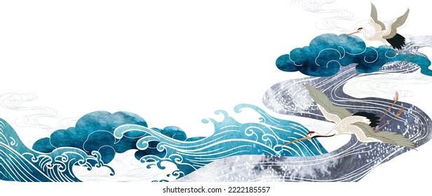 Nube china dibujada a mano con vector de patrón japonés. Decoración oriental con elementos de pájaros de la raza. Volante, pancarta o presentación de estilo vintage. Textura acuarela con iconos geométricos