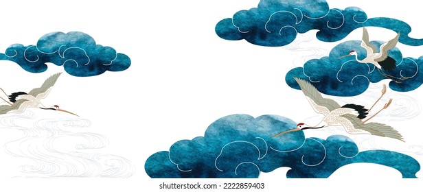 Hand drawn chinese cloud with Japanese pattern vector. Oriental decoration with Crane birds element. Flyer, banner or presentation in vintage style. Blue watercolor texture with geometric icons