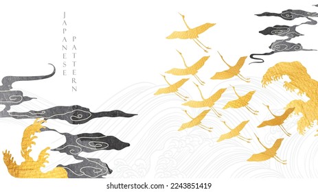 Nubes chinas dibujadas a mano con vector de patrón japonés. Decoración oriental con elemento pájaros Crane. Volante, pancarta o presentación de estilo vintage. Textura dorada y atercolor negro con icono geométrico