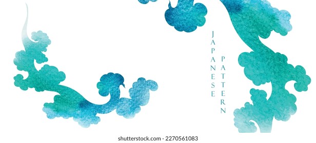 Hand drawn chinese cloud with Japanese pattern vector. Oriental decoration with logo design, flyer, banner or presentation in vintage style. Blue watercolor texture with geometric icons.