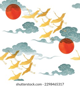 Hand drawn chinese cloud with Japanese seamless pattern vector. Oriental decoration with Crane birds element. Flyer, banner or presentation in vintage style. Watercolor texture with geometric icons