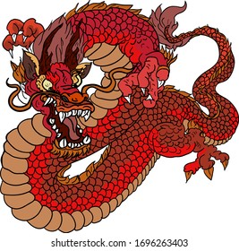Hand drawn Chinese dragon isolate on white background.red dragon tattoo Japanese style.