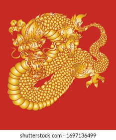 Hand drawn Chinese dragon isolate on red background. gold dragon Japanese style design for wallpaper.