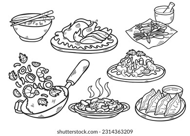 Colección de comida china Hand Drawn en una ilustración de estilo plano para ideas de negocios aisladas en segundo plano