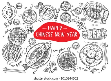 Hand drawn Chinese Food, Vector Illustration