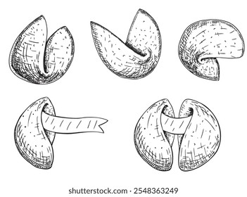 Biscoito da sorte chinês desenhado à mão isolado em fundos brancos. Ilustração crocante conjunto de biscoitos. Biscoito cristalino com um pedaço de papel em branco no interior. Para impressão, web, design, decoração, logotipo.