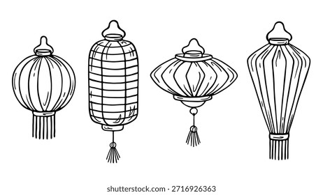 Conjunto de linterna china dibujada a mano, boceto de doodle aislado en blanco. Linterna redonda, rombo y larga con borla y fleco. Dibujo de línea en blanco y negro. Vector Clipart ilustración.
