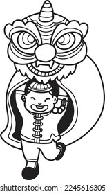 Hand Drawn Chinese lion dancing with Chinese boys illustration isolated on background