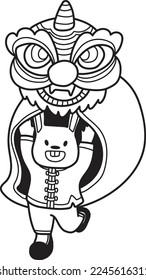 Hand Drawn Chinese lion dancing with a rabbit illustration isolated on background