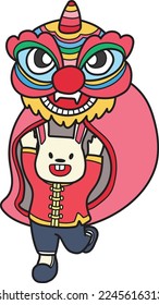 Hand Drawn Chinese lion dancing with a rabbit illustration isolated on background
