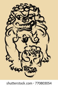 Hand drawn Chinese lion statue.Chinese lion roaring.Lucky lion traditional style.