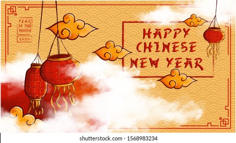 Hand drawn Chinese New Year 2020 Background with Mouse Symbol, Tradtional Lantern and Cloud is Mean Year of Mouse. You can use for Greeting Card and Poster.