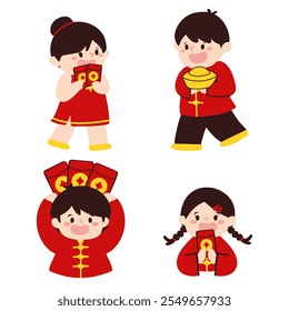 Hand drawn Chinese New Year Boy and Girl  with Lantern illustration set