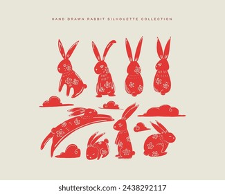 Hand drawn Chinese paper cut flat bunny set	
