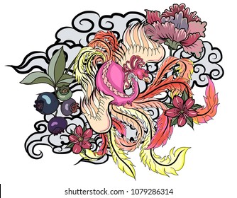 hand drawn Chinese peacock tattoo.Asian Phoenix fire bird tattoo design.Colorful Phoenix fire bird with Peony flower and rose on cloud and wave background.Hand drawn Japanese tattoo style.