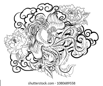 hand drawn Chinese peacock tattoo.Asian Phoenix fire bird tattoo design.Colorful Phoenix fire bird with Peony flower and rose on cloud and wave background.Hand drawn Japanese tattoo style.