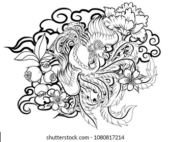 hand drawn Chinese peacock tattoo.Asian Phoenix fire bird tattoo design.Colorful Phoenix fire bird with Peony flower and rose on cloud and wave background.Hand drawn Japanese tattoo style.