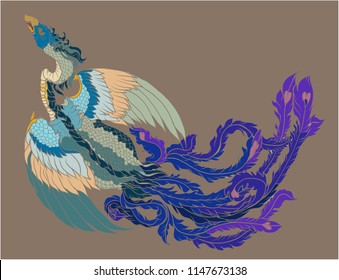 hand drawn Chinese peacock tattoo.Asian Phoenix fire bird tattoo design.Colorful Phoenix fire bird colouring book illustration.Hand drawn Japanese tattoo style.