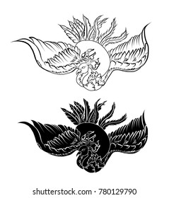 hand drawn Chinese peacock tattoo.Asian Phoenix fire bird tattoo design.
