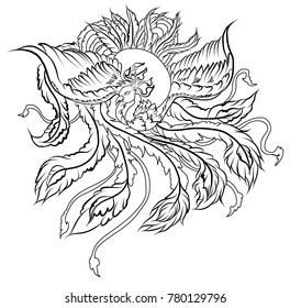 hand drawn Chinese peacock tattoo.Asian Phoenix fire bird tattoo design.