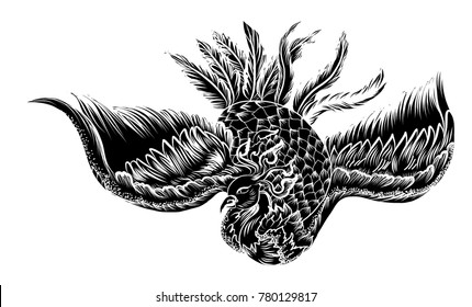 hand drawn Chinese peacock tattoo.Asian Phoenix fire bird tattoo design.